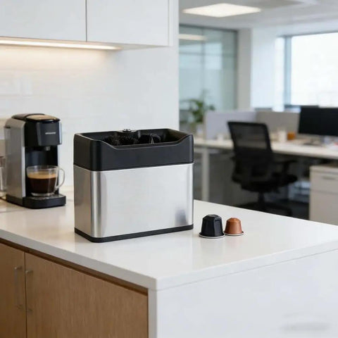 Electric Coffee Dosing Cup Cleaner And Automatic Puck Remover With 340 Rpm Dual Head Action For Fast Portafilter Scrubbing on a counter.