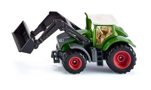 Side view of Fendt 1050 Vario Tractor With Front Loader Toy Realistic Farm Vehicle, green/black with movable loader and rubber tires.