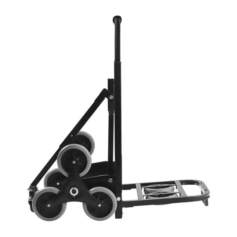 Foldable Hand Truck With Triangular Three Wheel Design For Heavy Duty Lifts Up To 550 Lbs Dual Purpose Cart For Flat Surfaces And Stairs Large Carry Base 12.99 By 15.55 Inches Easy Fold Rugged Utility Dolly, black metal side view