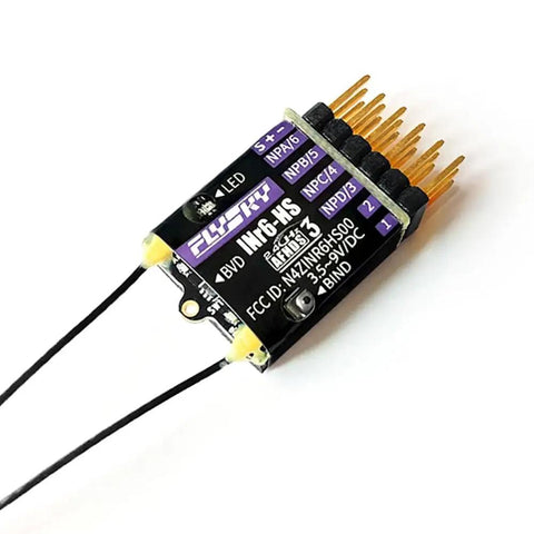Close-up of Six Channel AFHDS 3 RC Receiver With Dual Antenna For RC Cars Drones And Boats INr6 HS PWM PPM IBUS SBUS Output Compatible.