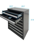 Badass Metal Workbench Station With Locking Rolling Chest Full Pegboard Setup Heavy Duty Wood Top Garage Tool Cabinet Storage System No Drill Install Needed, showing open drawers and measurements.