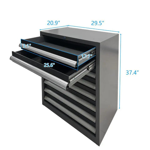 Badass Metal Workbench Station With Locking Rolling Chest Full Pegboard Setup Heavy Duty Wood Top Garage Tool Cabinet Storage System No Drill Install Needed, showing open drawers and measurements.