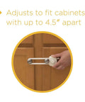 OutSmart Slide Lock Four Pack Kidproof Cabinet And Drawer Latches Easy One Hand Operation No Drilling Required Hidden Button Design White Pack Of 4 For Safer Home latch securing wooden cabinet doors up to 4.5 inches apart.