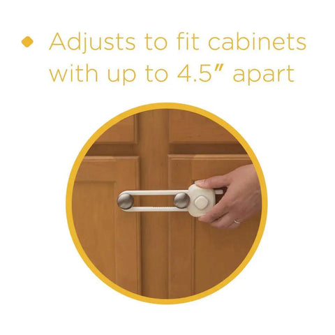 OutSmart Slide Lock Four Pack Kidproof Cabinet And Drawer Latches Easy One Hand Operation No Drilling Required Hidden Button Design White Pack Of 4 For Safer Home latch securing wooden cabinet doors up to 4.5 inches apart.