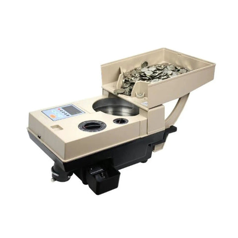 Heavy Duty Electronic Coin Counter And Automatic Sorter Wrapper Machine For Multi Country Currency, showing coin intake and digital display.