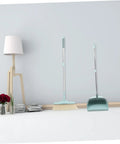 Top Shelf Long Handle Dustpan And Broom Set For All Hard Floors, No Sweat Sweeping Kit For Wood Tile And Laminate, Gotta Love This Sturdy Home Cleaning Supply That Makes Daily Dusting A Total Breeze Now in sky blue with a tall handle.