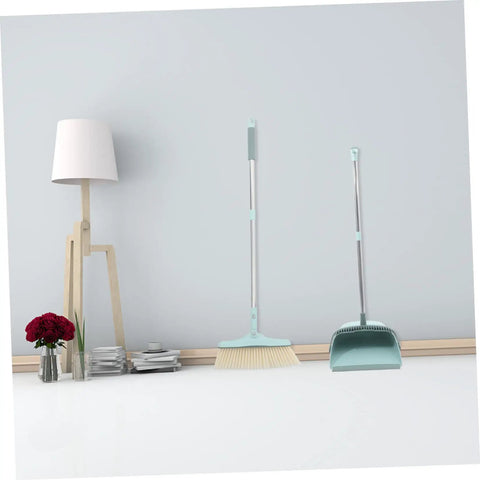 Top Shelf Long Handle Dustpan And Broom Set For All Hard Floors, No Sweat Sweeping Kit For Wood Tile And Laminate, Gotta Love This Sturdy Home Cleaning Supply That Makes Daily Dusting A Total Breeze Now in sky blue with a tall handle.