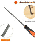 Heavy Duty Three Piece Wood Rasp File Set With Eight Inch Round Half Round And Flat Steel Files Featuring Soft Rubber Grip Handles For Pro Carpenters Knocking Down Rough Surfaces And Smoothing Hardwood Like A Champ. Round file with carbon steel body and soft grip handle for precise wood shaping.