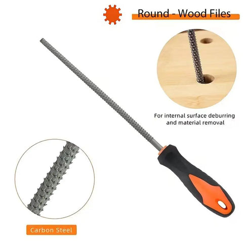 Heavy Duty Three Piece Wood Rasp File Set With Eight Inch Round Half Round And Flat Steel Files Featuring Soft Rubber Grip Handles For Pro Carpenters Knocking Down Rough Surfaces And Smoothing Hardwood Like A Champ. Round file with carbon steel body and soft grip handle for precise wood shaping.