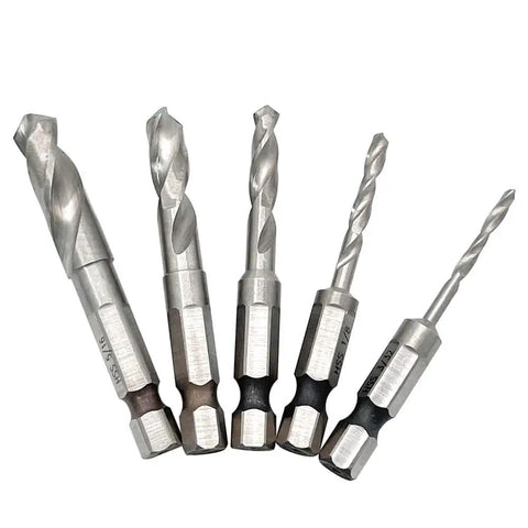 Pro Shop Ready 5 Piece Short Stubby Drill Bit Set Built Tough As Nails With Premium M2 Hss Steel, showing five compact drill bits.