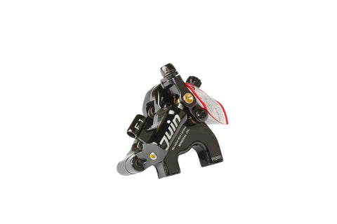 Cable Actuated Hydraulic Disc Brake Caliper Set for Flat Mount Road Gravel and CX Bikes, side view showing closed system design.