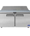 Built Like A Tank Two Section Sandwich Salad Top Refrigerator Stainless Steel Commercial Prep Counter 17 2 Cubic Feet front view with smooth top.