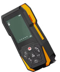 Heavy Duty Laser Tape Measure And Steel Tape Roll Featuring Slick Backlit Lcd Readout And Rock Solid One Hundred Foot Gauge for contractors, showing backlit display and buttons.