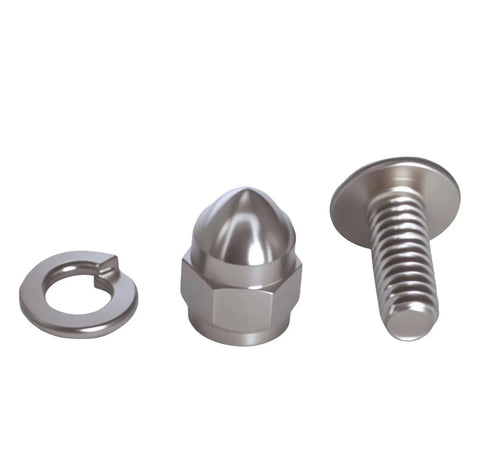 Heavy Duty Motorcycle License Plate Bolt Kit Four Piece Anti Theft Locking Nuts Vibration Proof Fastener Hardware for Harley Honda Yamaha showing metal bolts and nuts.