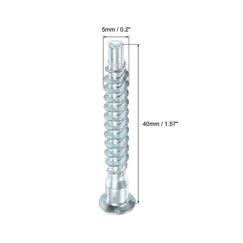 Close-up of a zinc-plated 7x49mm beefy hex socket confirmat screw for cabinets and shelves with measurements shown