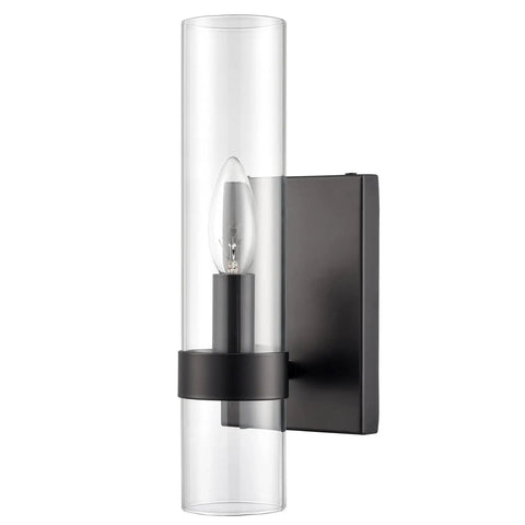 Modern Farmhouse Glass Cylinder Wall Sconce 1 Light Black Vanity Light Fixture For Bathrooms And Hallways With Slim Cylinder Glass And Rust Resistant Steel For A Clean Bright Vibe
