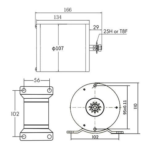Beefy 48V 2000W Brushless Motor For Electric Scooters And Motorcycles, 4500 RPM Peak, MY1020 Type Compatible, Mid Drive Design, Supports 100 To 200kg Load, Durable Copper Windings And Alloy Shell technical drawing with 166mm length and 107mm diameter