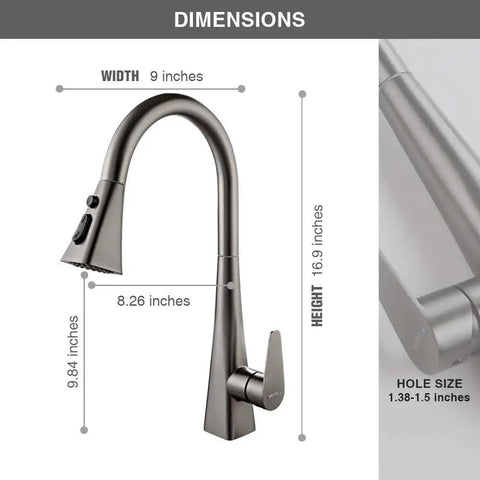 Dimensions of High Arc Single Handle Kitchen Faucet With Pull Down Sprayer In Matte Gray Stainless Steel Commercial Grade