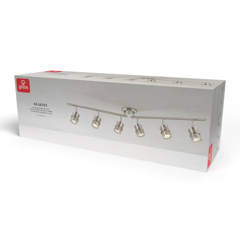 Box of Kearney 6-Light Foldable Track Lighting In Brushed Nickel With White Glass Shades, shown in packaging