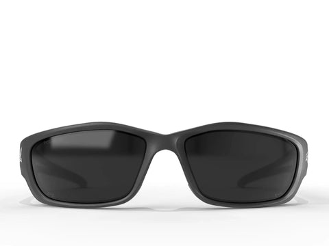 Front view of XL Wide Fit Polarized Wrap Around Safety Glasses Black Frame Smoke Lens All Day Ultra Durable Anti Scratch Non Slip UV 400