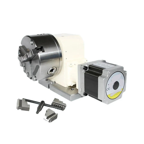 Professional Grade Badass CNC 4th Axis Rotary Dividing Head Gearbox with 130mm Four Jaw Chuck and motor.