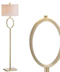 61 Inch Brass Gold Metal LED Floor Lamp With Hoop Design For Living Room Modern Standing Lamp White Linen Drum Shade