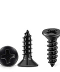One Hundred Pack Of Number Six By Five Eighth Inch Stainless Steel Wood Screws Premium Grade Black Oxide Coating Flat Head Phillips Drive Full Threaded Build close-up image of black oxide coated flat head wood screws
