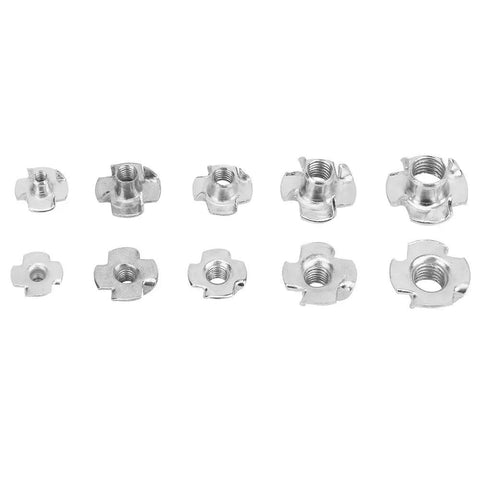 Four Pronged T Nut Kits 80 Piece Zinc Plated Carbon Steel Assorted M3 M4 M5 M6 M8 Tee Nuts in various sizes displayed