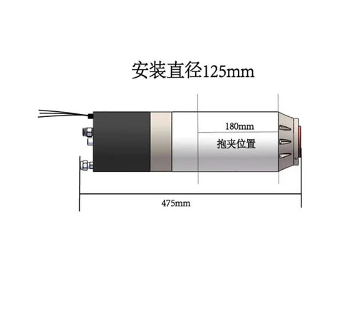 Technical diagram of Water Cooled CNC Spindle Motor For Engraving And Milling, 3KW To 11KW Range, showing 150mm spindle diameter and BT40 toolholder.