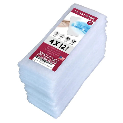 Stack of Air Vent Filters labeled 4x12 inch, featuring Breath Easy Everyday with 90 Day Filtration Polyester Material Captures Dust