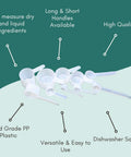 Long Handle Plastic Measuring Spoon 1 Teaspoon 5 Milliliters shown with other measuring tools on green background.