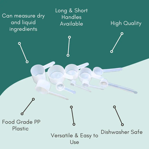 Long Handle Plastic Measuring Spoon 1 Teaspoon 5 Milliliters shown with other measuring tools on green background.