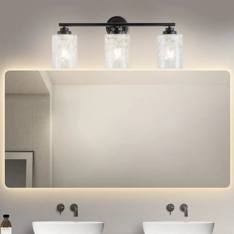 Go To Modern Matte Black Vanity Light Fixtures 24 Inch Three Light Hammered Glass Industrial Sconces above bathroom mirror
