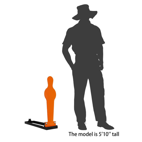 Durable 28 Inch AR500 Auto Reset Popper Target for Pistol and Rifle Shooting, orange finish next to silhouette for scale.