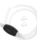 Heavy Duty Manual Oil Transfer Pump With Thick Plastic Siphon Tube for Effortless Fluid Extraction And Gas Cleanup. Features a black bulb and clear tubes.