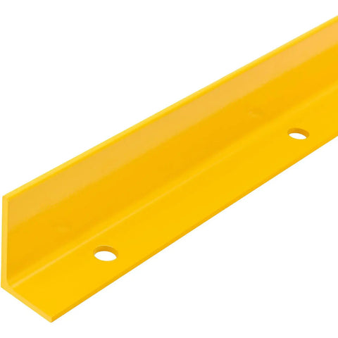 Heavy Duty Steel Pallet Rack End Protector Right Side Beamer Guard Absorbs Forklift Impacts Tough As Nails Warehouse Workhorse 42 Inch Long Bright Yellow Safety Barrier - close-up view
