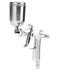 Compact Pneumatic Spray Gun With Tight 0.5mm Nozzle And 125ml Gravity Cup delivers precision for auto touch up and wood staining.