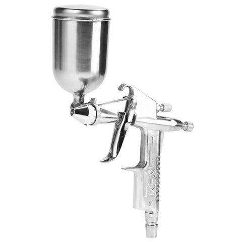 Compact Pneumatic Spray Gun With Tight 0.5mm Nozzle And 125ml Gravity Cup delivers precision for auto touch up and wood staining.