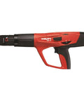 Side view of red Workhorse DX 5 MX Powder Actuated Tool Kit for fastening concrete, brick, and masonry on construction jobs.