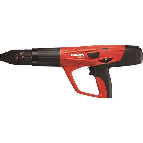Side view of red Workhorse DX 5 MX Powder Actuated Tool Kit for fastening concrete, brick, and masonry on construction jobs.
