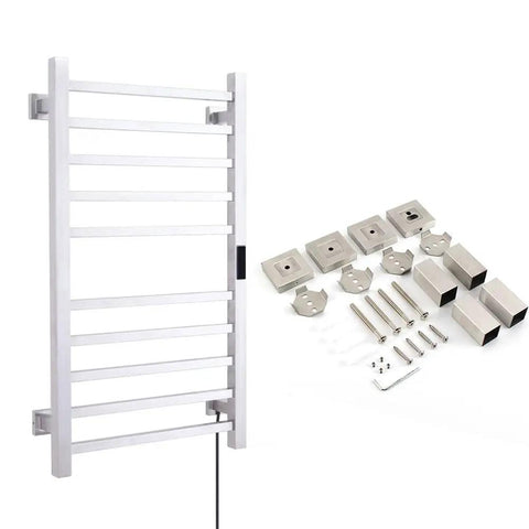 6 Bar Electric Heated Towel Rack Wall Mount Plug In Towel Warmer With Brushed Finish Timer Control and installation kit