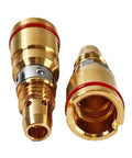 Two brass gas diffusers from a Snazzy 5-Pack Gas Diffuser Fit For Miller MDX Mig Welding Guns, used for welding gas flow control.
