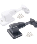 Black and white magnetic car door holder and retainer, sturdy nylon latch for campers, baggage doors, prevents openings on rough roads.