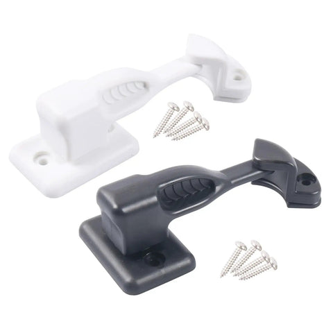 Black and white magnetic car door holder and retainer, sturdy nylon latch for campers, baggage doors, prevents openings on rough roads.