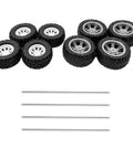 8 Piece Toy Wheel Set With Rubber Tires And Metal Shafts For DIY RC Cars Trucks And Robot Projects Includes Small And Big Diameter Wheels With 3mm Shaft Holes Mixed Color Assortment showing rubber tires and metal shafts