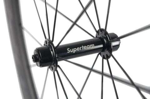 Close-up of Superteam hub on 700C Carbon Wheelset Aero Beast Front 60mm Rear 88mm Clincher For Road Bikes V Brake Shimano