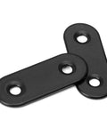 Close-up of two black stainless steel mending plates, pre-drilled for easy installation in DIY projects.
