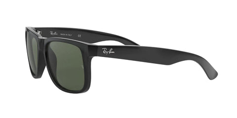 Side angle of RB4165 Justin Classic Square Sunglasses 55mm black nylon frames with green classic lenses unisex shades