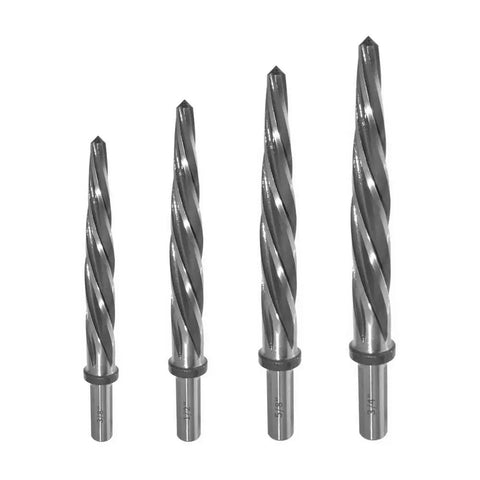 4 Piece Bridge Reamer Drill Tool Set For Metal, M2 High Speed Steel With Straight Shank And Tapered Alignment, Spiral Flute Chucking Bits