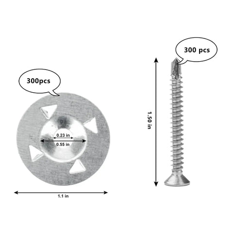 Six Hundred Pieces Foam Board Fasteners With One And One Eighth Inch Galvanized Metal Washers For Easy Foam Board Fixing And DIY Installation No Fuss For Home Improvement Projects And Craft Displays; close-up view of galvanized washer and screw dimensions